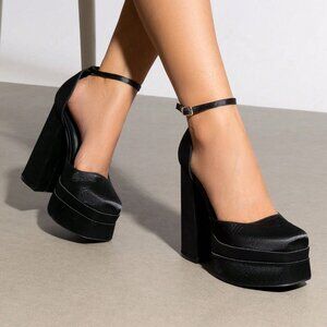 Black Fashionable Women's Satin High Chunky Block platform Heels